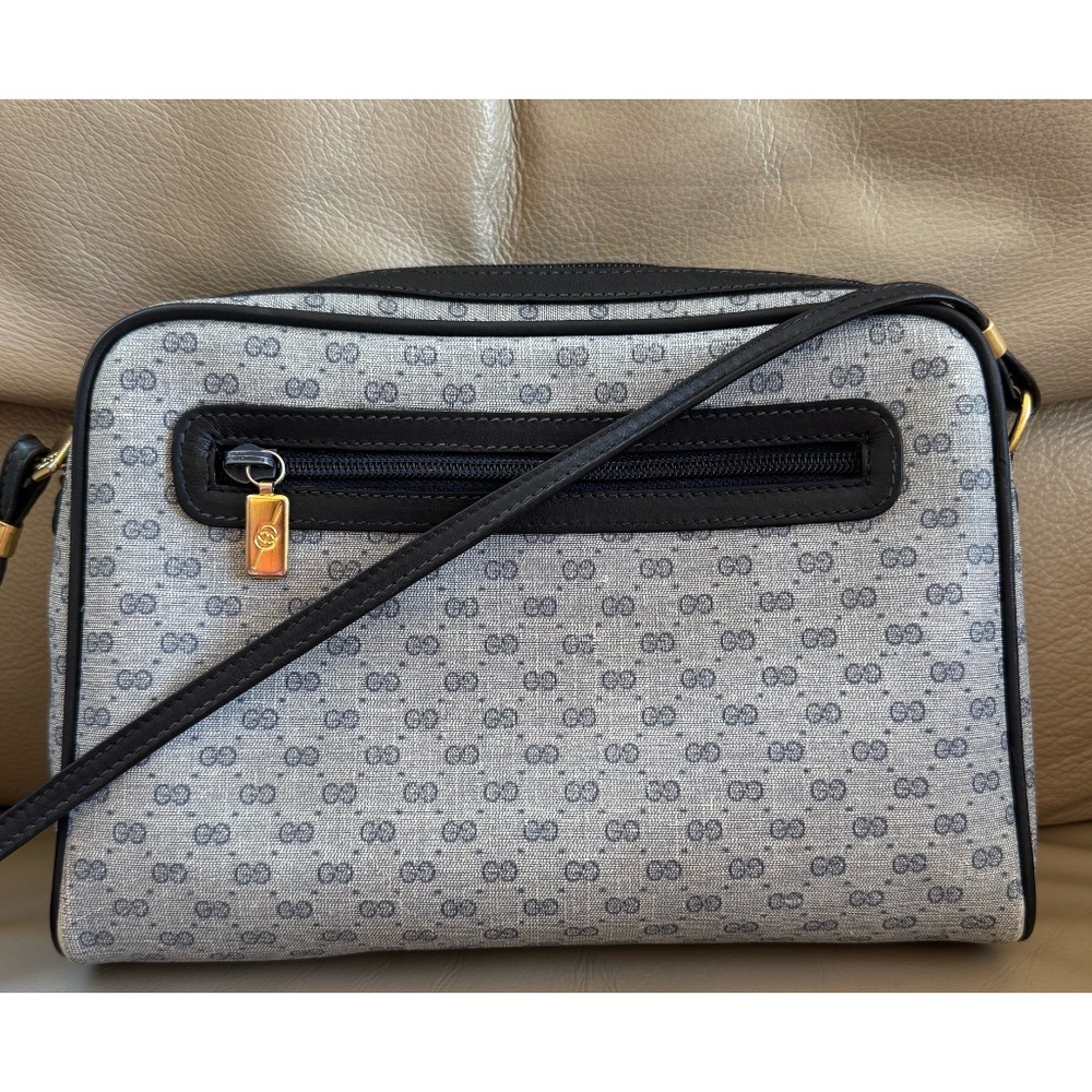Authentic Vintage Gucci GG Monogram Canvas Black Leather Crossbody Bag